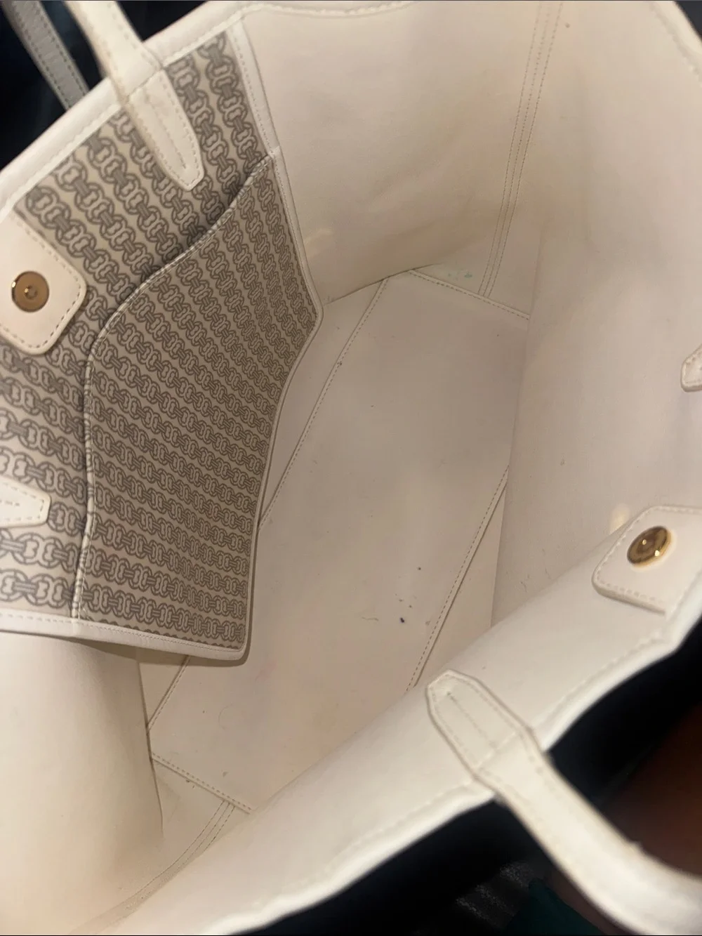 Tory Burch White and Navy Monogram Stripe Tote